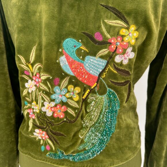 BCBGMaxazria Velour Green Floral Bird Embroidery Zip Up Jacket Petite Large - Picture 5 of 8
